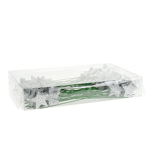 Floristik24 Glitter star silver 4cm on wire 60pcs