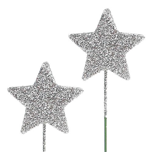 Floristik24 Glitter star silver 5cm on wire L22cm 48pcs