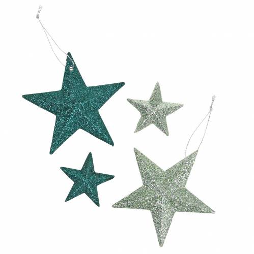 Glitter star set deco hanger and scatter decoration emerald, light green 9cm/5cm 18 pieces