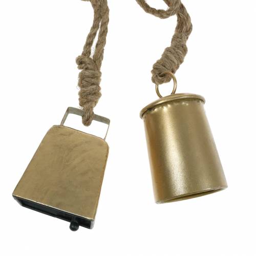 Floristik24 Cowbell set for hanging brass metal 8.2 / 9.5cm rope 240cm