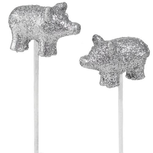 Product Lucky pig New Year&#39;s Eve lucky charm on a stick silver 3cm 6pcs