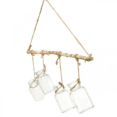 Product Wooden window decoration with hanging glass vases for flower arrangements