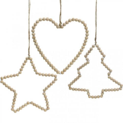 Deco hanger Christmas wooden beads heart star tree H16cm 3pcs