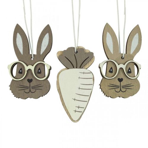 Floristik24 Wooden pendant rabbit with glasses carrot brown beige 4×7.5cm 9pcs