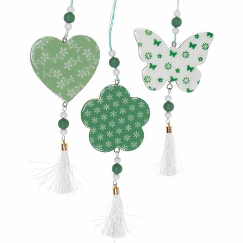 Product Hanging decoration heart flower butterfly white, green wood spring decoration 6pcs