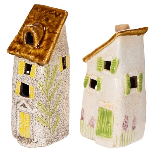 Rustic ceramic house with bright LED, ideal as atmospheric table decoration, 15cm, 2 pieces