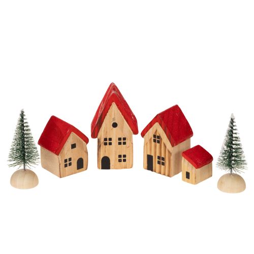 Wooden decorative house set with red roofs and fir trees, 12cm, 6 pieces buy online | Floristik24.ie