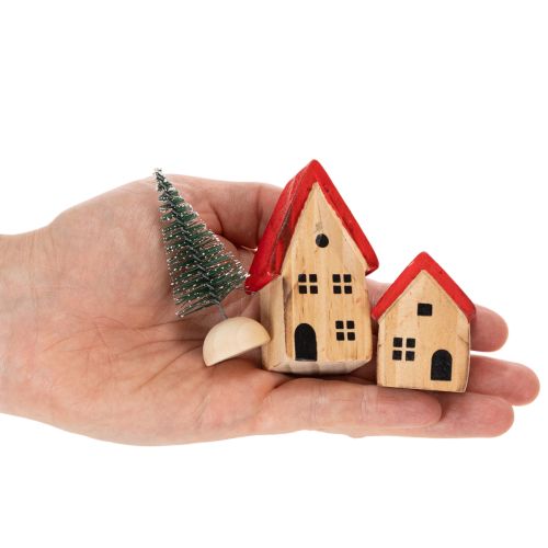 Wooden decorative house set with red roofs and fir trees, 12cm, 6 pieces | Floristik24.ie