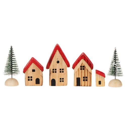 Wooden decorative house set with red roofs and fir trees, 12cm, 6 pieces | Floristik24.ie