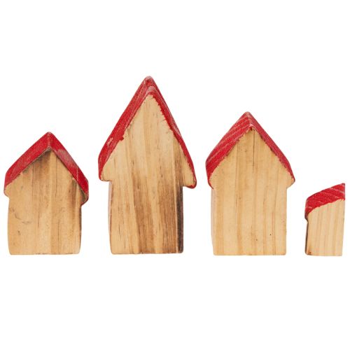 Wooden decorative house set with red roofs and fir trees, 12cm, 6 pieces | Floristik24.ie