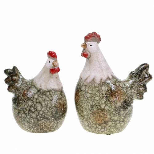 Deco figures hen and rooster grey, white, red 10.2cm x 7cm H12.7cm 2pcs