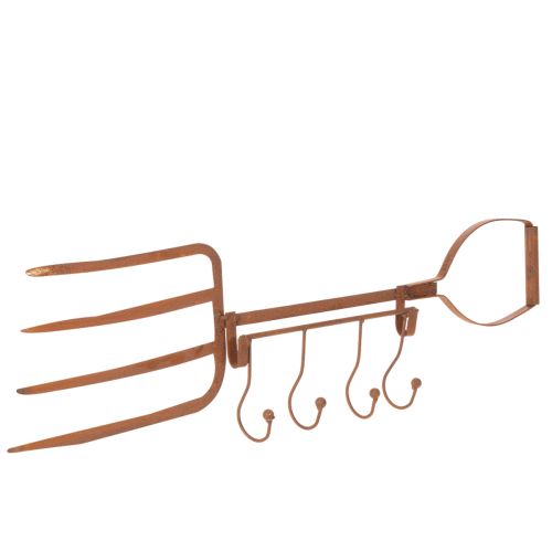 Rusty metal hook rail, decorative hay fork, garden decoration, 4 hooks, 62cm