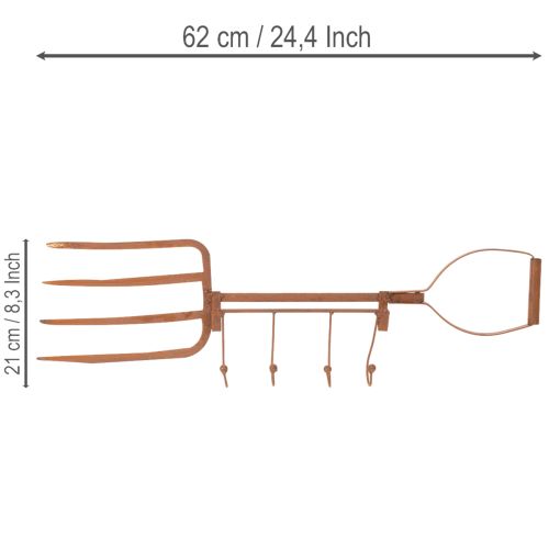 Rusty metal hook rail, decorative hay fork, garden decoration, 4 hooks, 62cm | Floristik24.ie