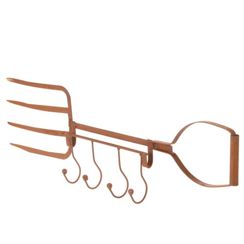 Rusty metal hook rail, decorative hay fork, garden decoration, 4 hooks, 62cm | Floristik24.ie