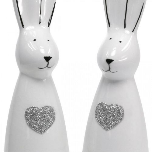 Rabbit ceramic black and white, Easter bunny decoration pair of rabbits with heart H20.5cm 2pcs