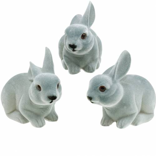 Deco figure rabbit gray, spring decoration, Easter bunny sitting flocked 3pcs