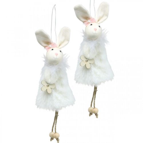 Floristik24 Bunny to hang, Easter decoration, spring pendant, Easter bunny with flower white, natural H21cm 6pcs