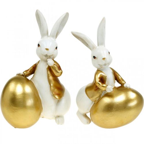 Floristik24 Easter bunny white-golden, Easter decoration, decorative bunny with egg H16/18cm set of 2