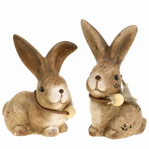 Decorative figures rabbits with feather and wooden bead brown assorted 7cm x 4.9cm H 10cm 2pcs