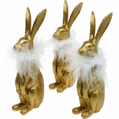 Floristik24 Upright rabbits, Easter decoration golden, spring, Easter bunnies with feathers 3pcs
