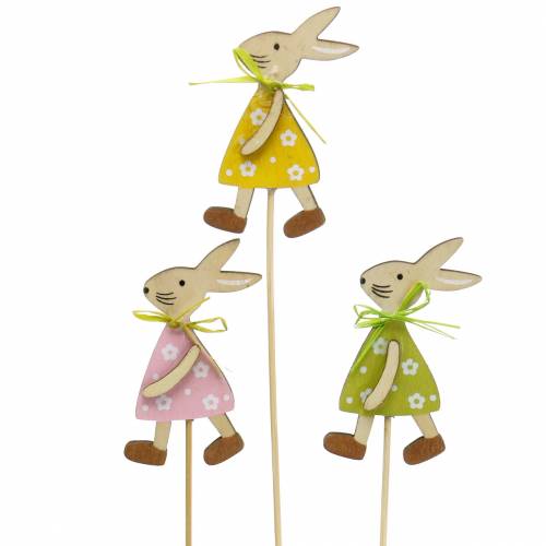 Wooden Rabbit on Stick Green, Yellow, Pink 8cm 12 Pieces
