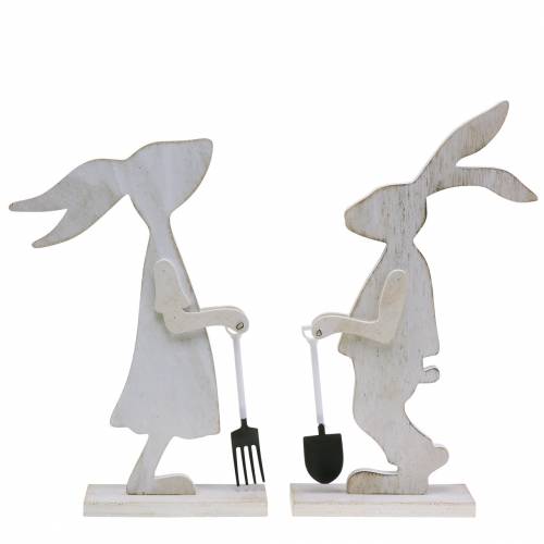 Rabbit with garden tools white wood H28/30.5cm set of 2