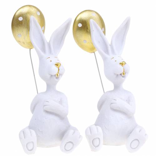 Floristik24 Bunny with balloon sitting white, gold H13.5cm 2pcs