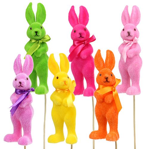 Floristik24 Decorative bunny flocked on the stick, assorted 15cm 6pcs