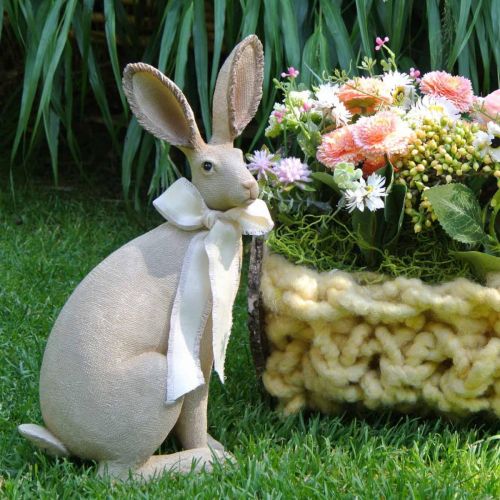 Product Easter bunny sitting with bow polyresin table decoration Easter H30cm