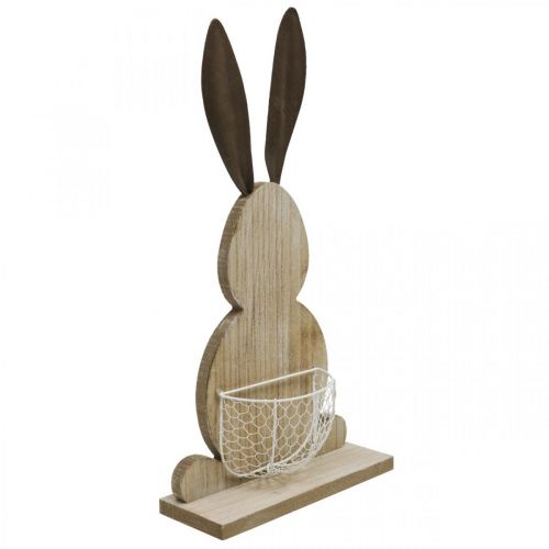 Wooden bunny with basket, spring decoration, Easter bunny with plant basket nature, white H48cm