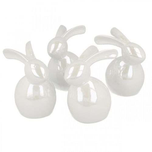 Decorative bunny, Easter decoration, ceramic Easter bunny white, mother-of-pearl H9.5cm 4pcs