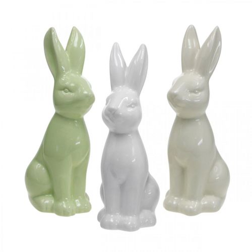 Floristik24 Rabbit Ceramic White, Cream, Green Easter Bunny Deco Figure H13cm 3pcs