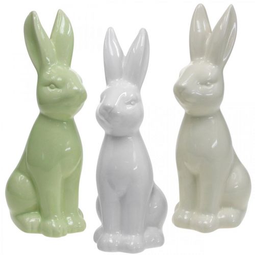 Floristik24 Porcelain Easter Bunny sitting white, cream, green H18cm 3pcs