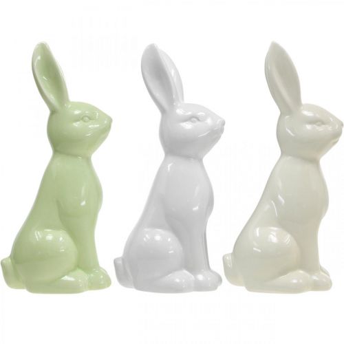 Floristik24 Rabbit Ceramic White, Cream, Green Easter Bunny Deco Figure H13cm 3pcs