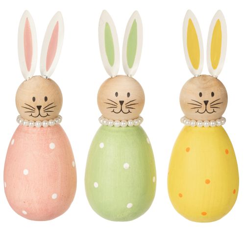 Product Decorative rabbit figures in pastel wood, Easter bunnies with pearl necklace, 14.5 x 5 cm, 3 pieces