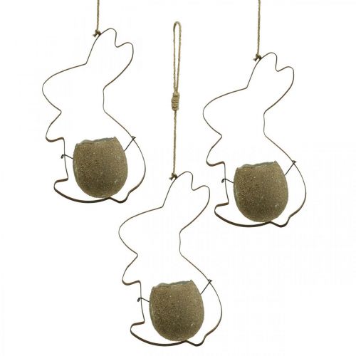 Floristik24 Rabbit decoration for hanging, metal rabbit with egg, eggshell for planting patina 3 pieces