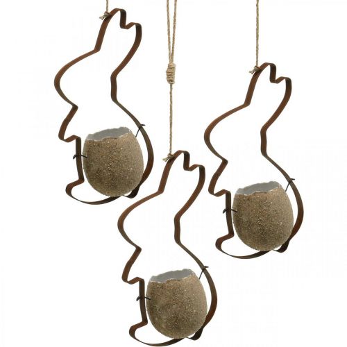 Rabbit decoration for hanging, metal rabbit with egg, eggshell for planting patina