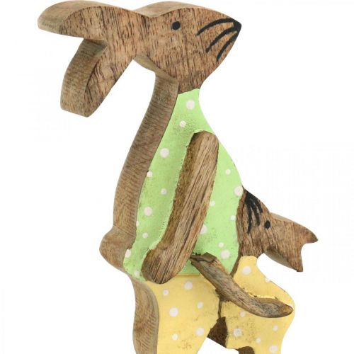 Product Easter bunny with child, spring decoration made of wood, rabbit father, Easter nature, green, yellow H22cm