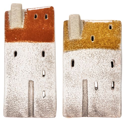 Ceramic house decoration with chimney, tealight house, autumn and winter, 13cm, 2 pieces | Floristik24.ie