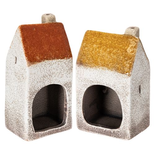 Ceramic house decoration with chimney, tealight house, autumn and winter, 13cm, 2 pieces | Floristik24.ie