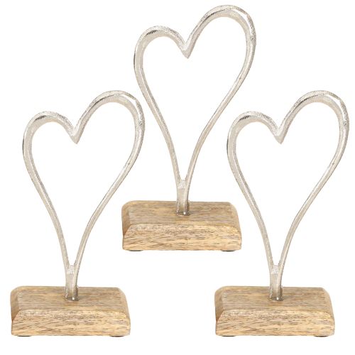 Floristik24 Heart Decoration Metal Wood Base Natural Silver H15.5cm 3 Pcs