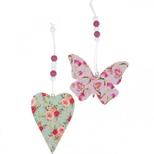 Floristik24 Pendant with flower pattern, heart and butterfly, spring decoration for hanging H11.5/8.5cm 4pcs