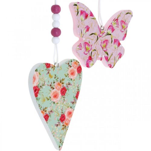 Product Pendant with flower pattern, heart and butterfly, spring decoration for hanging H11.5/8.5cm 4pcs