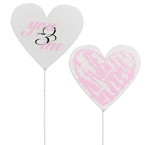 Heart on a stick 7cm white, pink 12pcs