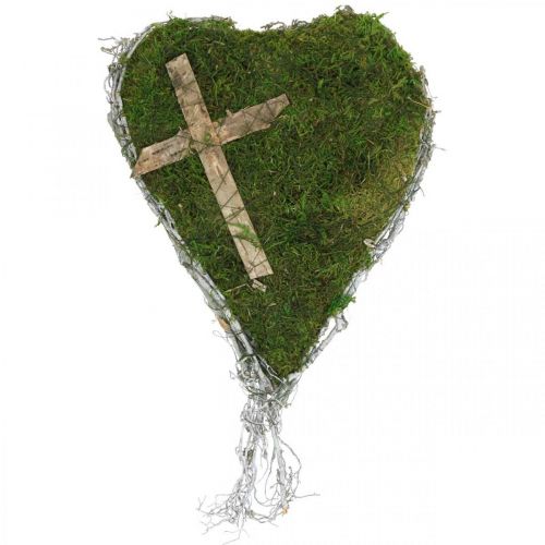 Grave decoration heart vines, moss with cross for grave arrangement 30 × 20cm
