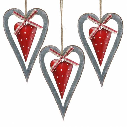 Floristik24 Decorative heart to hang metal red, silver Ø8.8 H15cm 3pcs