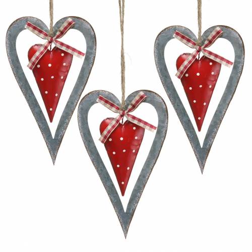 Decorative heart to hang metal red, silver Ø8.8 H15cm 3pcs | Floristik24.ie