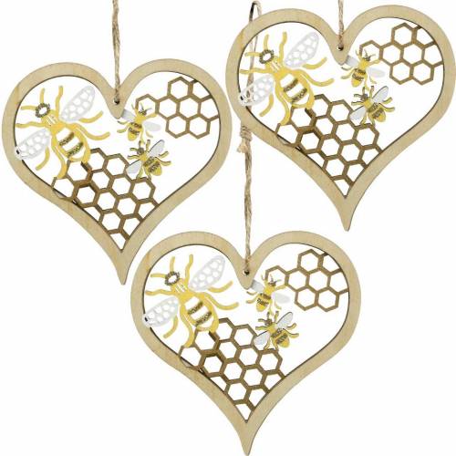 Floristik24 Decorative heart bees yellow, golden wooden heart for hanging summer decoration 6 pieces