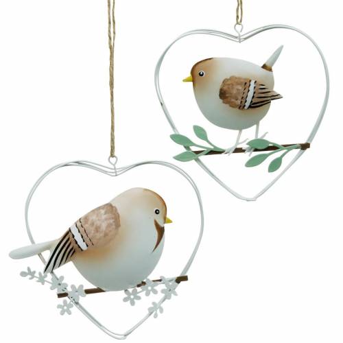 Floristik24 Heart pendant with sparrows, spring decoration, metal heart, Valentine's Day, bird heart 4pcs