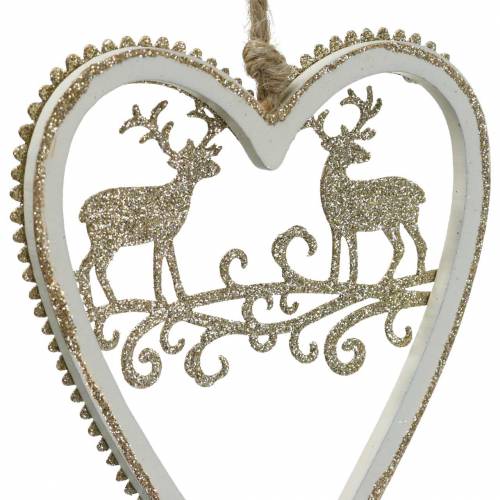 Product Hearts for hanging with inlay wood, plastic white, golden, Ø9.2cm H12cm 4 pcs